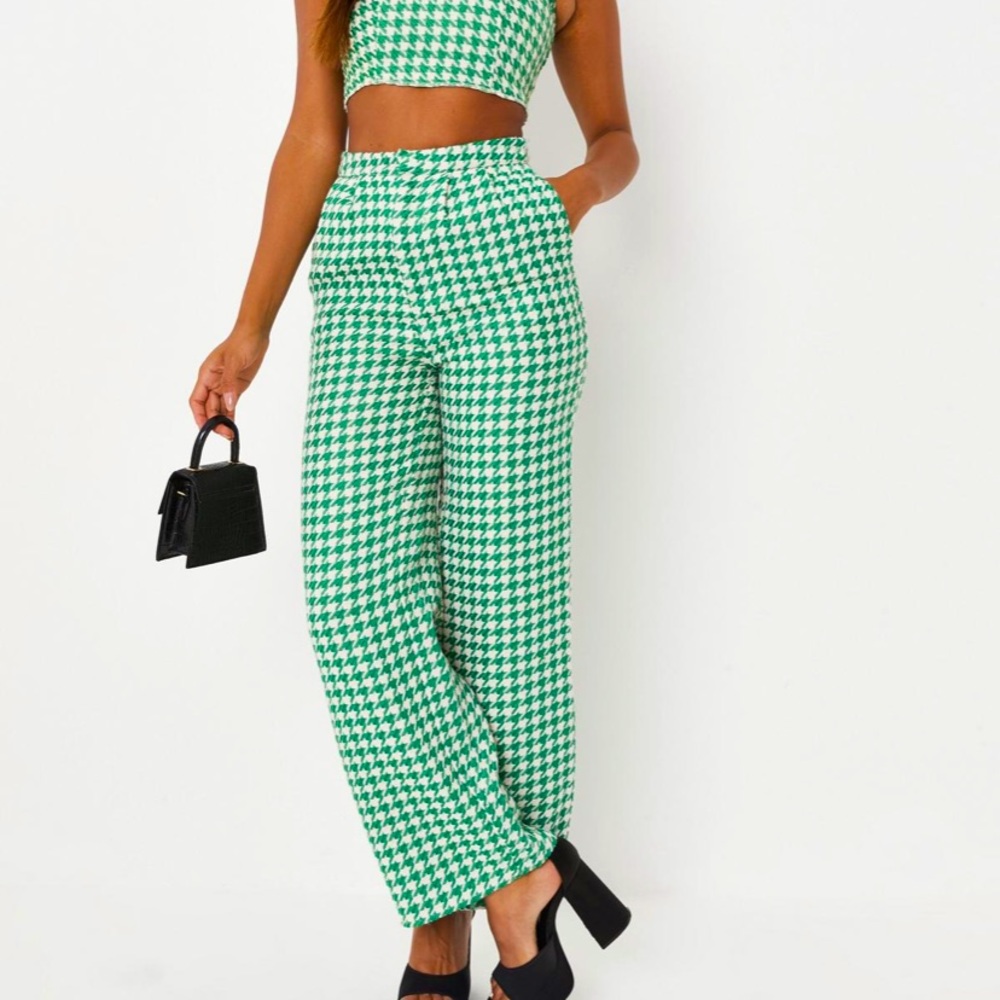 Green Co Ord Houndstooth Boucle Wide Leg Tailored Pants